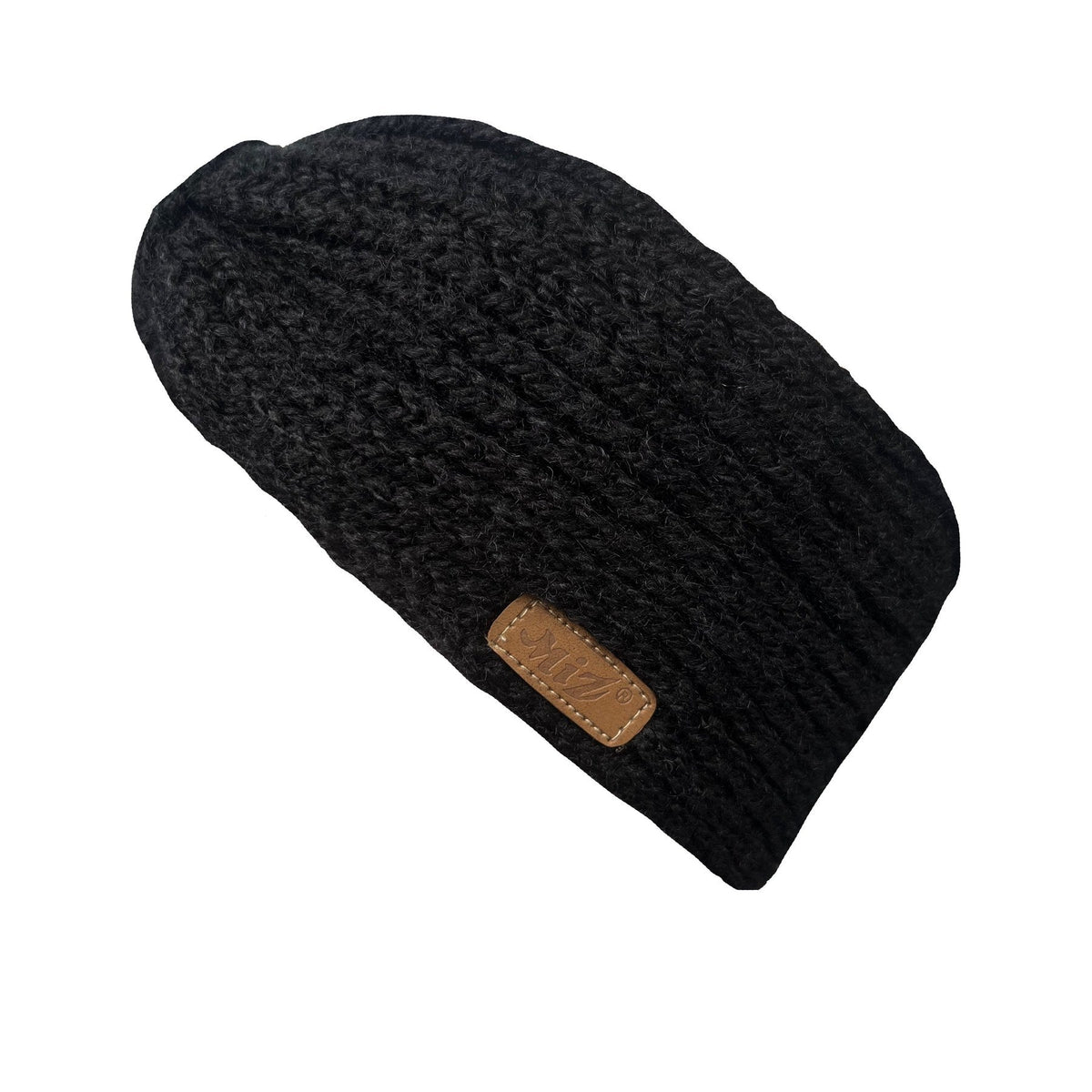 Black chunky-knit Sarda headband with a leather-look patch