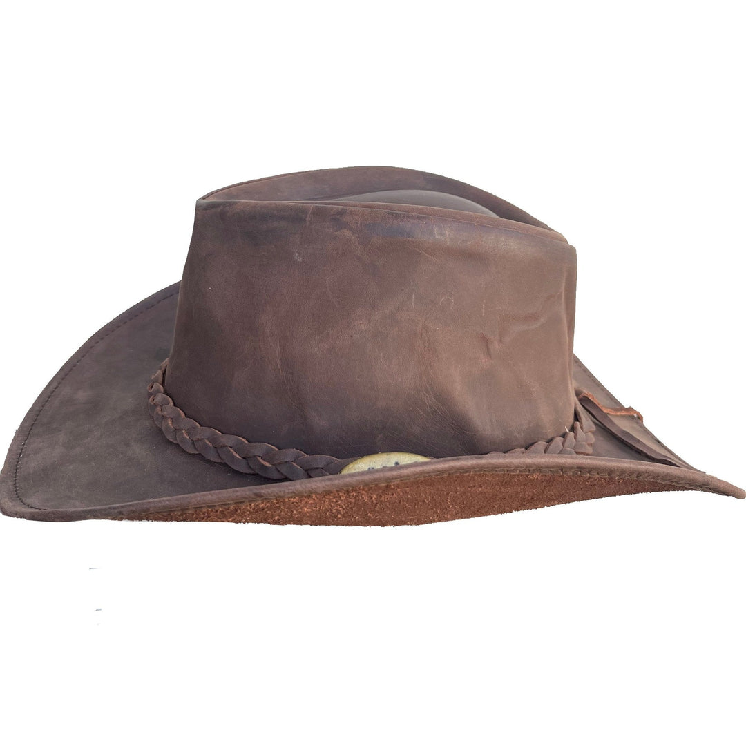 Brown leather cowboy hat with a braided band and wide brim
