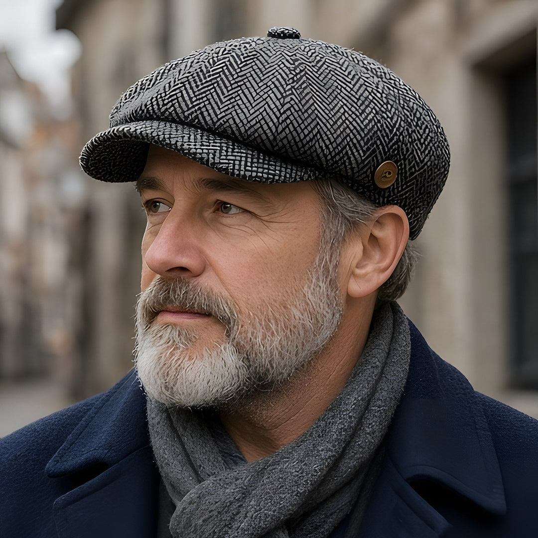 Man wearing the grey herringbone Baker cap in a Zurich old-town lane