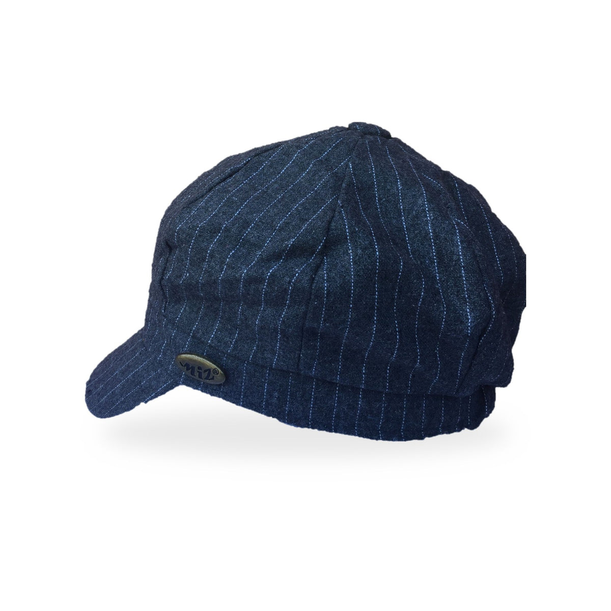 Navy pinstripe flat cap with a brass Miz badge
