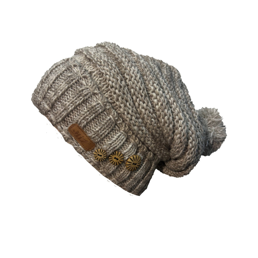 Maddison slouchy knit beanie with side buttons in beige melange with pompom