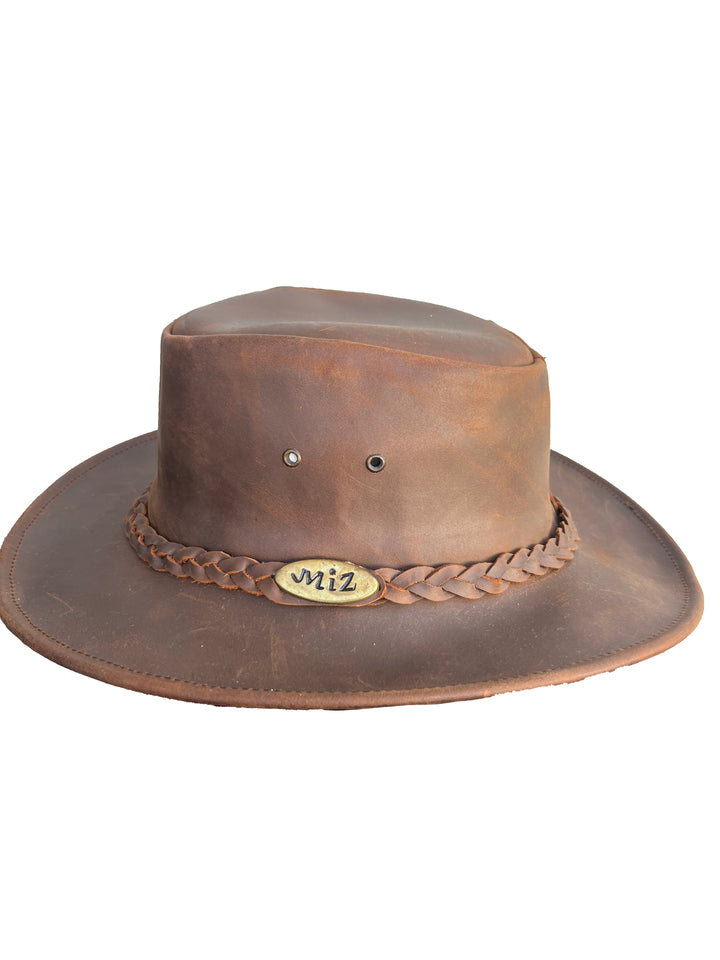 Brown Leather Cowboy Hat with Light Brim Edge