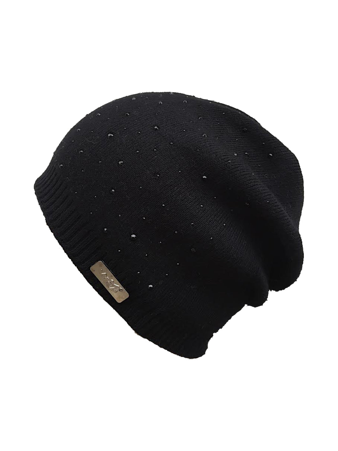 Diamond slouchy beanie with decorative stones in black