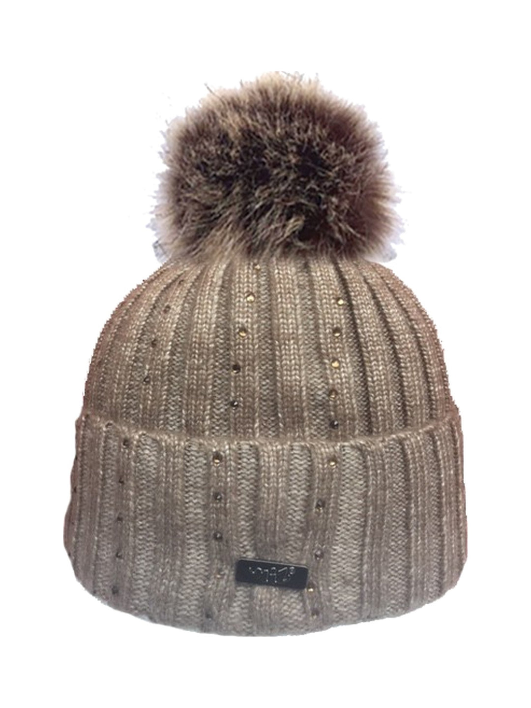 Lucia Rippstrick-Mütze mit Glitzersteinen und Kunstfell-Pompon in Beige