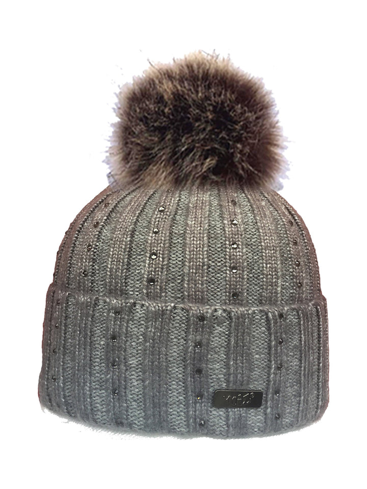 Lucia ribbed cuffed beanie with glitter stones and faux-fur pompom in grey