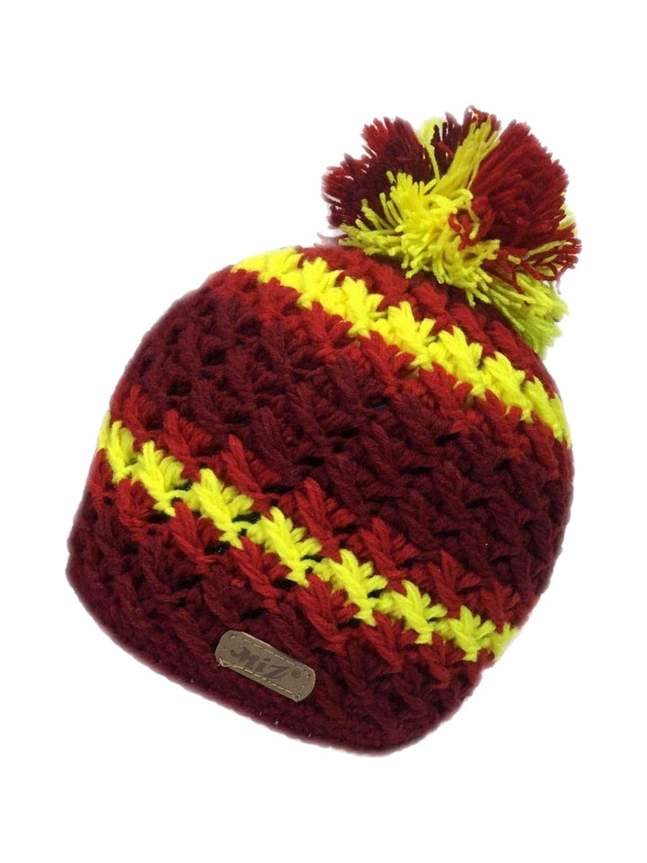 Neeha striped crochet pompom beanie in bordeaux, red and yellow