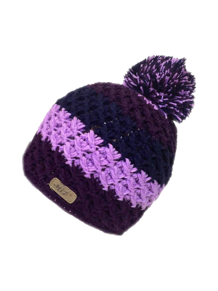 Neeha striped crochet pompom beanie in purple and lilac