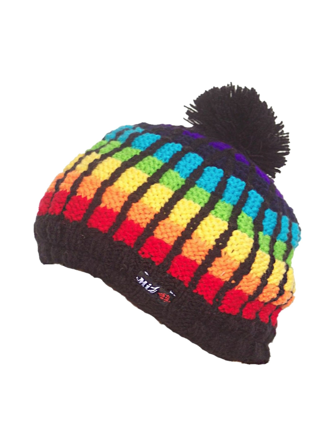 Rainbow Bommelmütze mit Blockstreifen und Kunstfellfutter: Schwarz mit Regenbogenstreifen und schwarzem Pompon