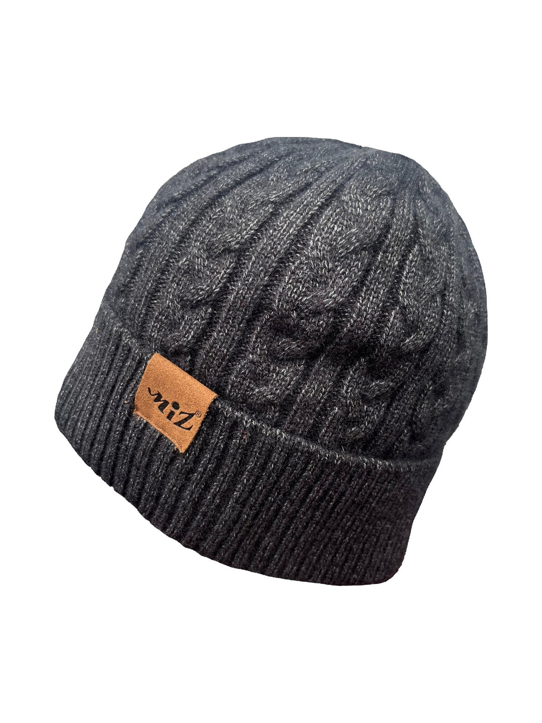 Zamot cable knit beanie with faux-fur lining, ribbed cuff and Miz patch in anthracite