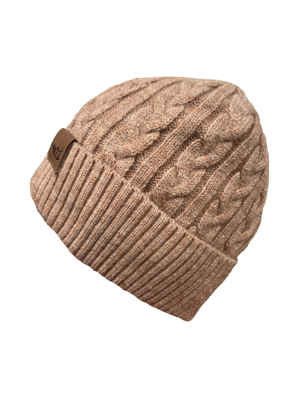 Zamot cable knit beanie with faux-fur lining, ribbed cuff and Miz patch in beige