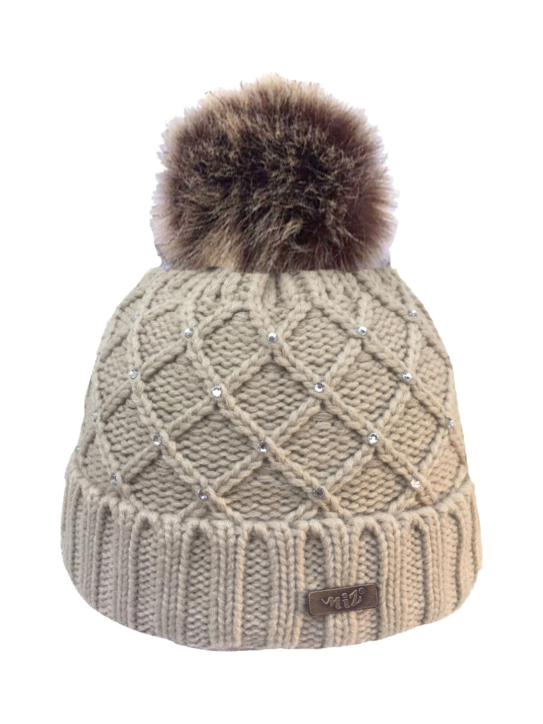 Crossknit Beanie mit Pompon in Beige