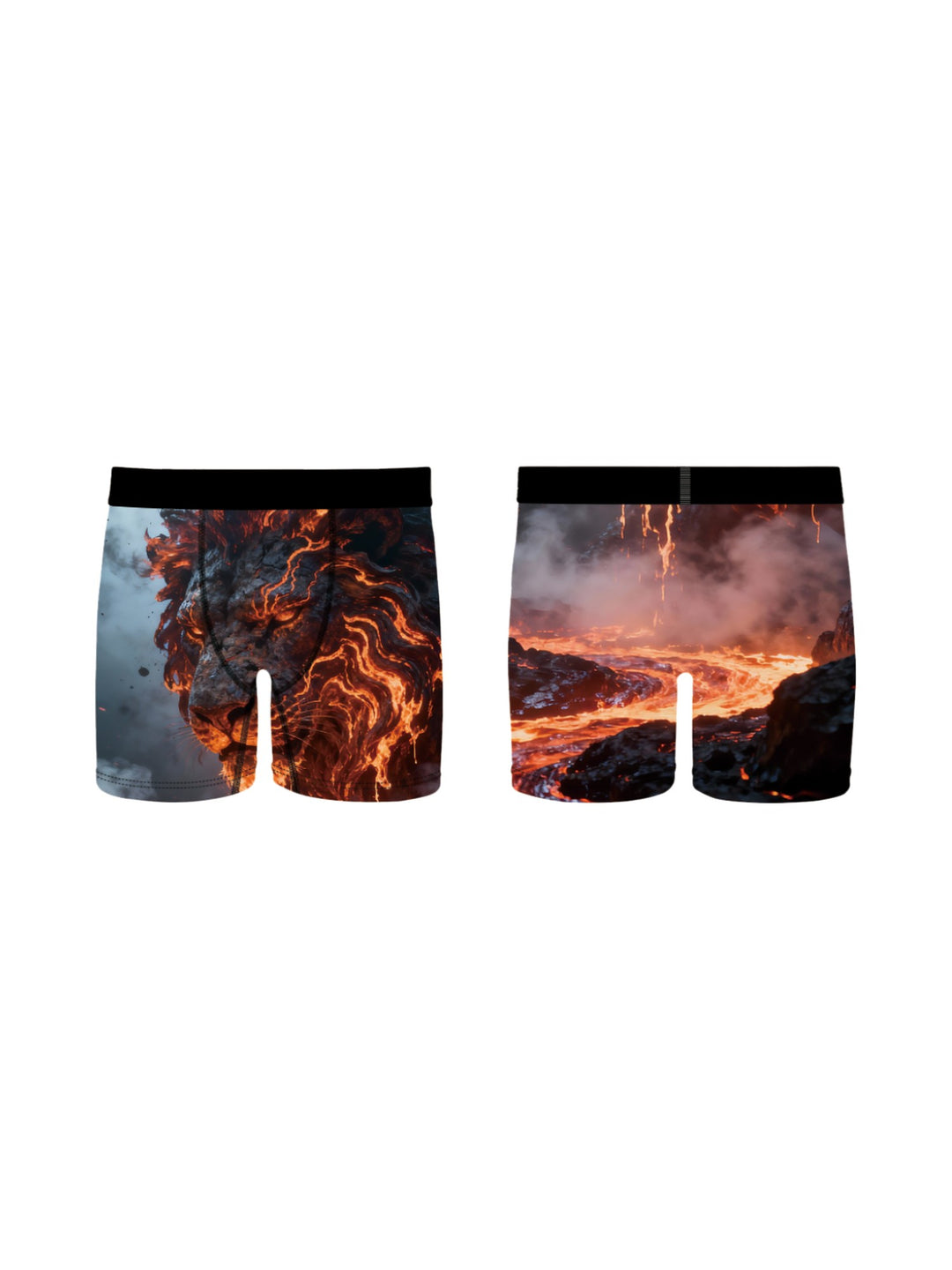 Lava Lion Boxer Briefs with a flame and lava print, front and back view