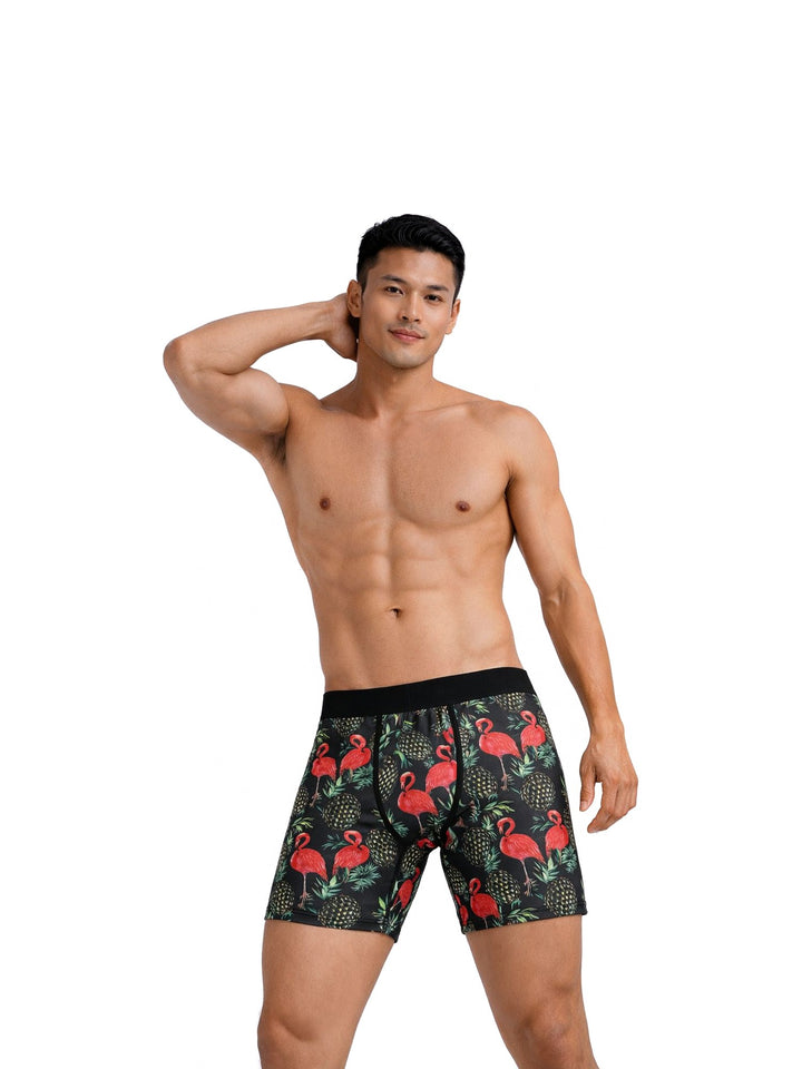 Men's Boxer Briefs Flamingos and Pineapples on Black, view 2