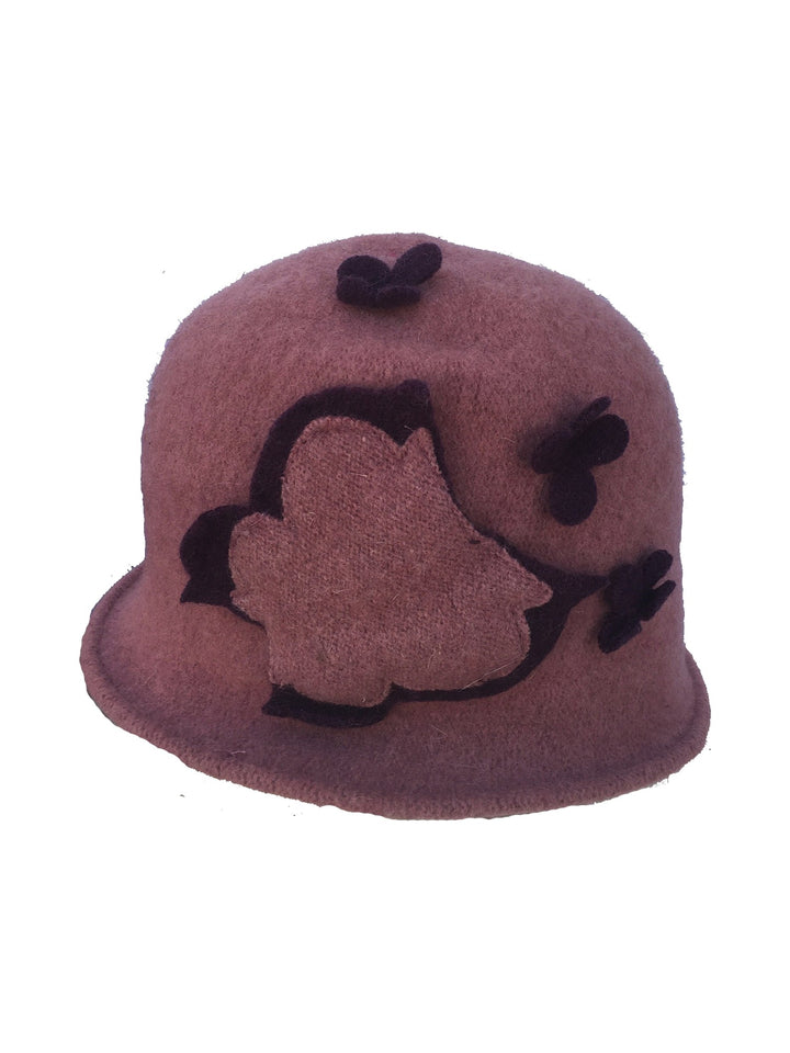 Naigra women's cloche hat with contrasting leaf and flower appliqué in rose