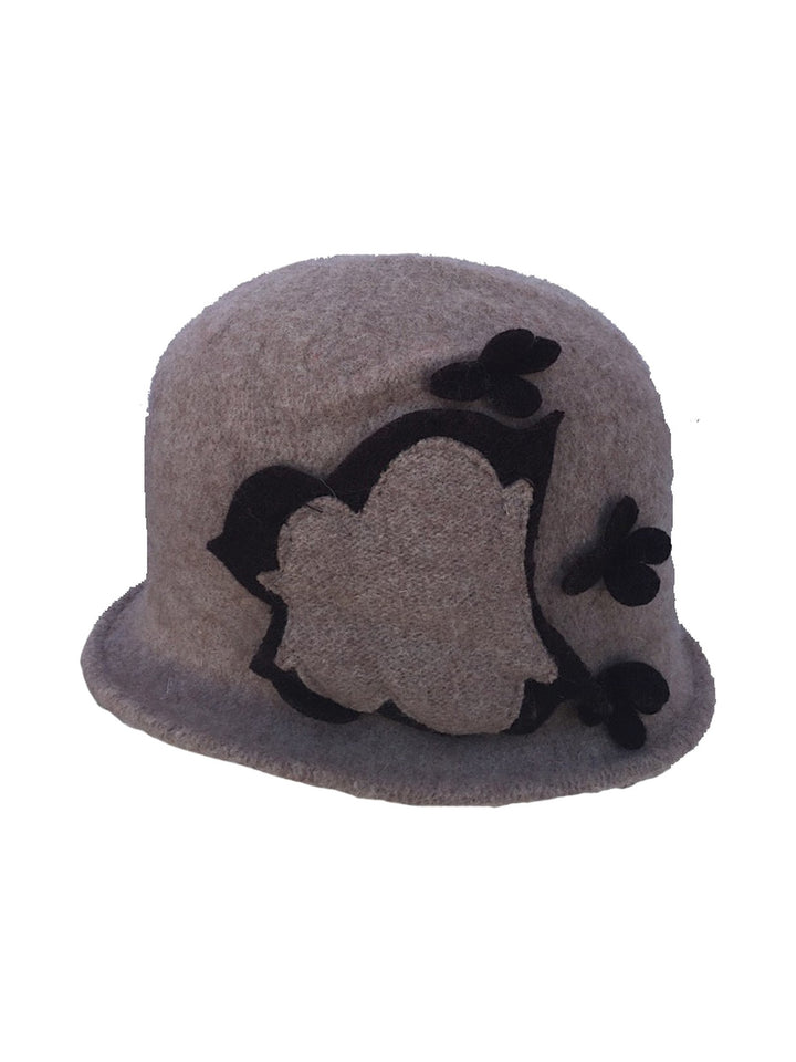 Naigra women's cloche hat with contrasting leaf and flower appliqué in beige