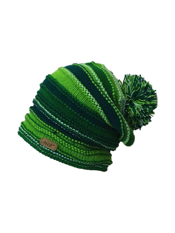 Women's striped long beanie with pompom in green