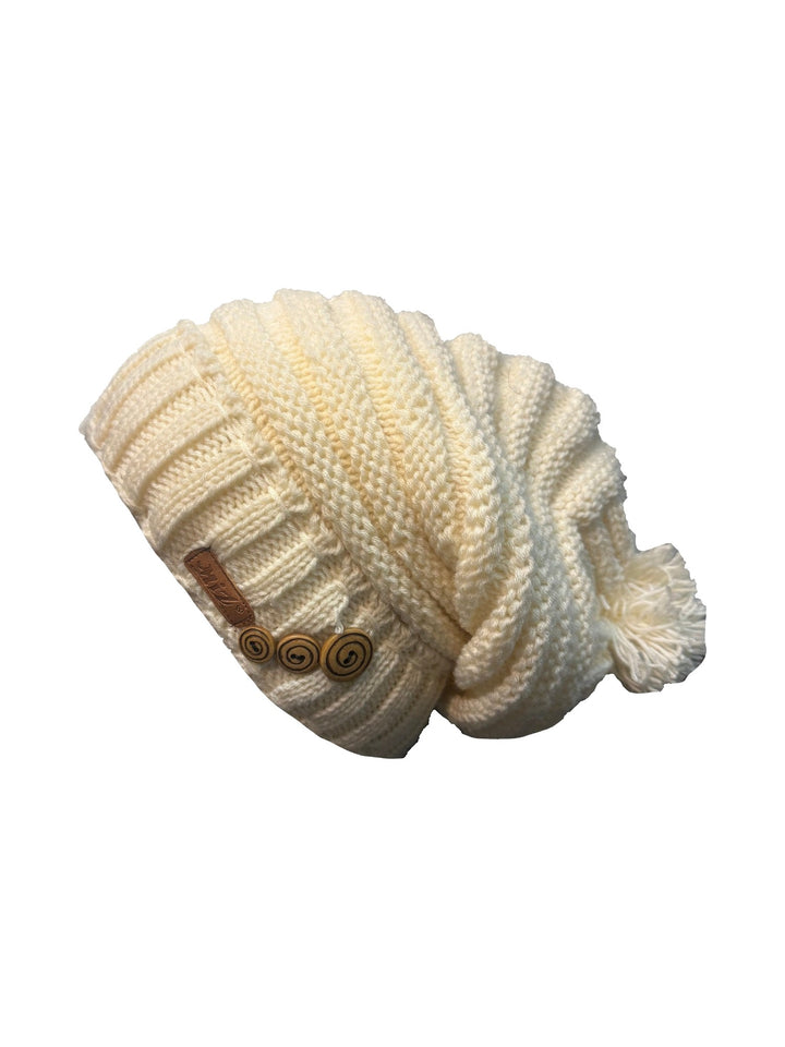 Maddison slouchy knit beanie with side buttons in cream beige