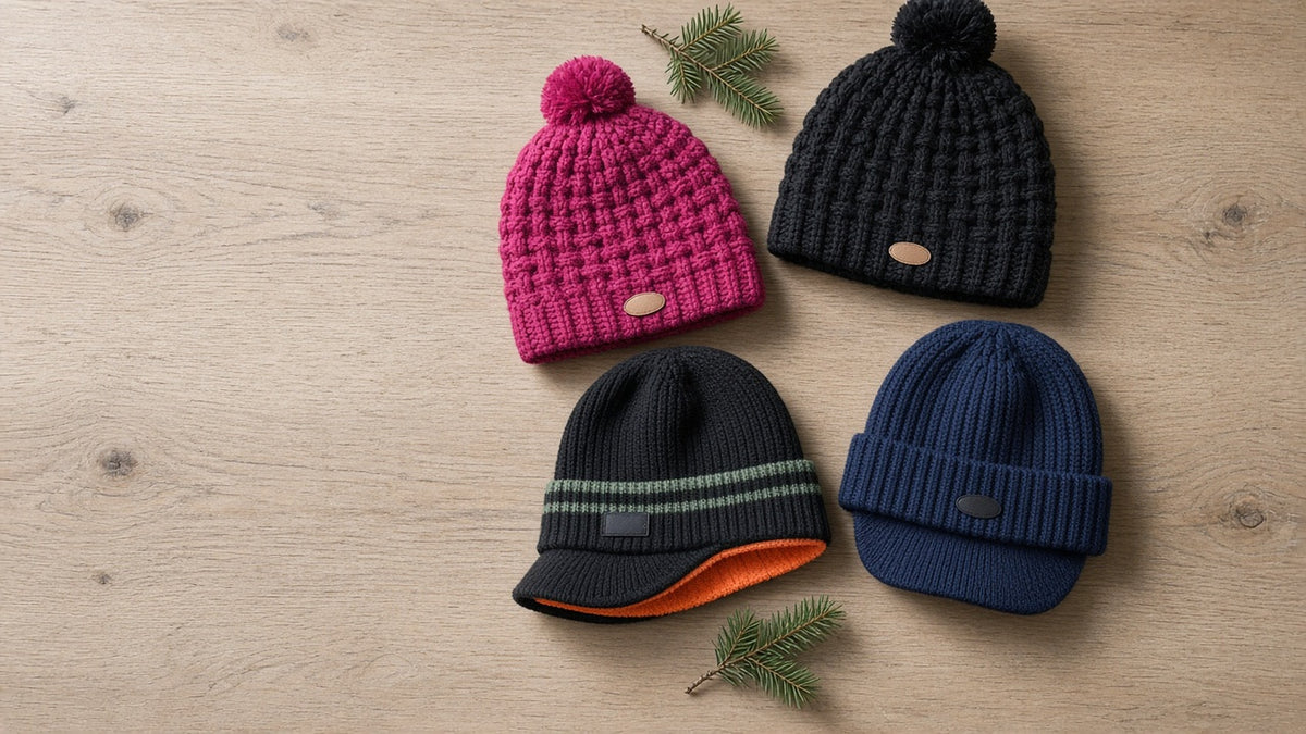Four knitted beanies with pompoms and visors on a light oak table
