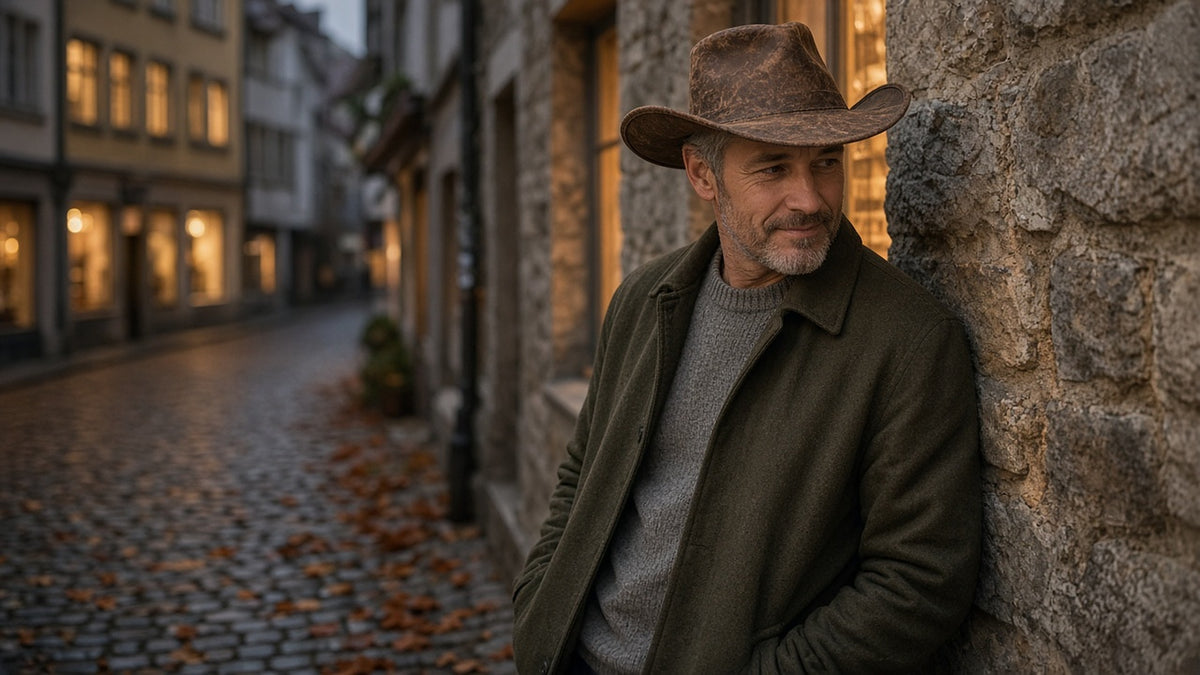 Man wearing a brown leather cowboy hat in a Zurich old-town lane at dusk