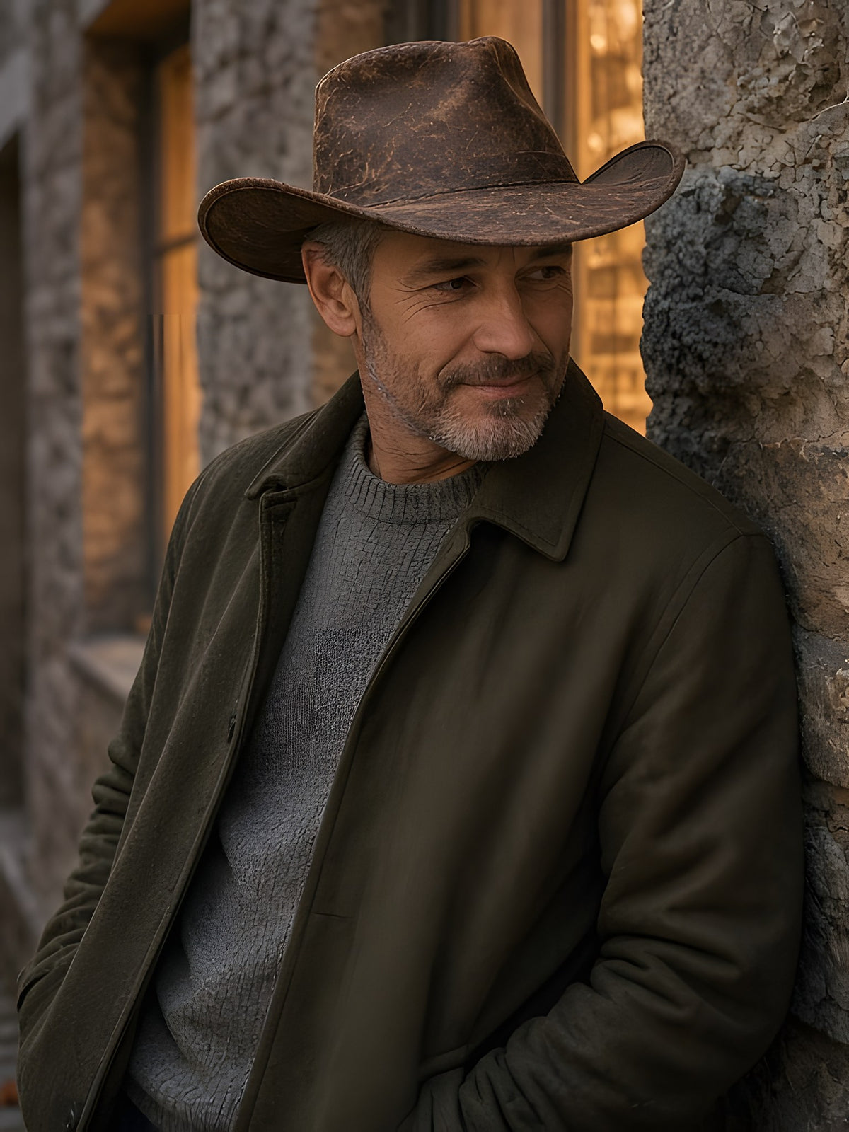 Man wearing a brown leather cowboy hat in a Zurich old-town lane at dusk