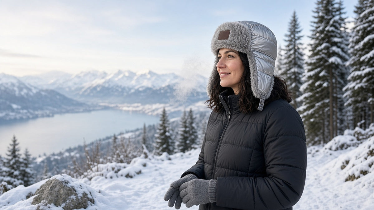 Woman wearing the grey Roda trapper hat on a snowy trail above Lake Zurich