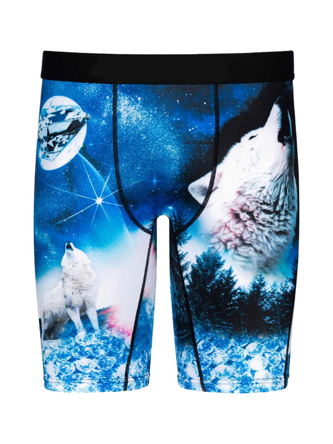 Men's Boxer Briefs with wolves in the moonlight: a howling white wolf and a second wolf under a moon on a blue night sky print