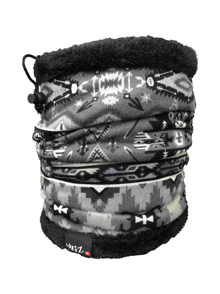 Neck warmer with grey, black and white geometric print, black faux-fur top edge and drawcord with toggle, front view on white