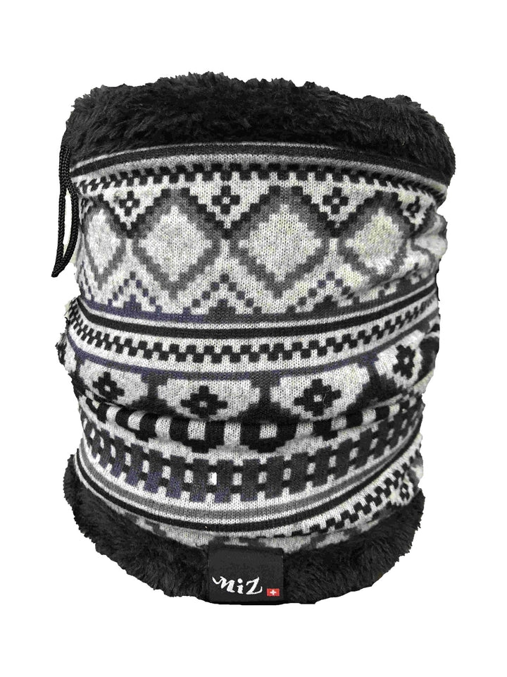 Neck warmer with grey and white Fair Isle knit pattern, black faux-fur top edge and drawcord, front view on white