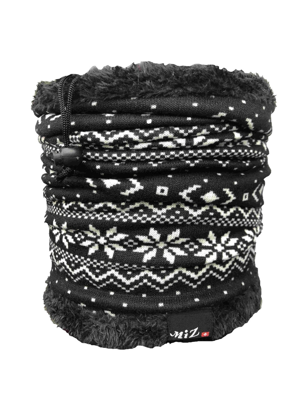 Black neck warmer with white snowflake and star pattern, black faux-fur top edge and drawcord, front view on white