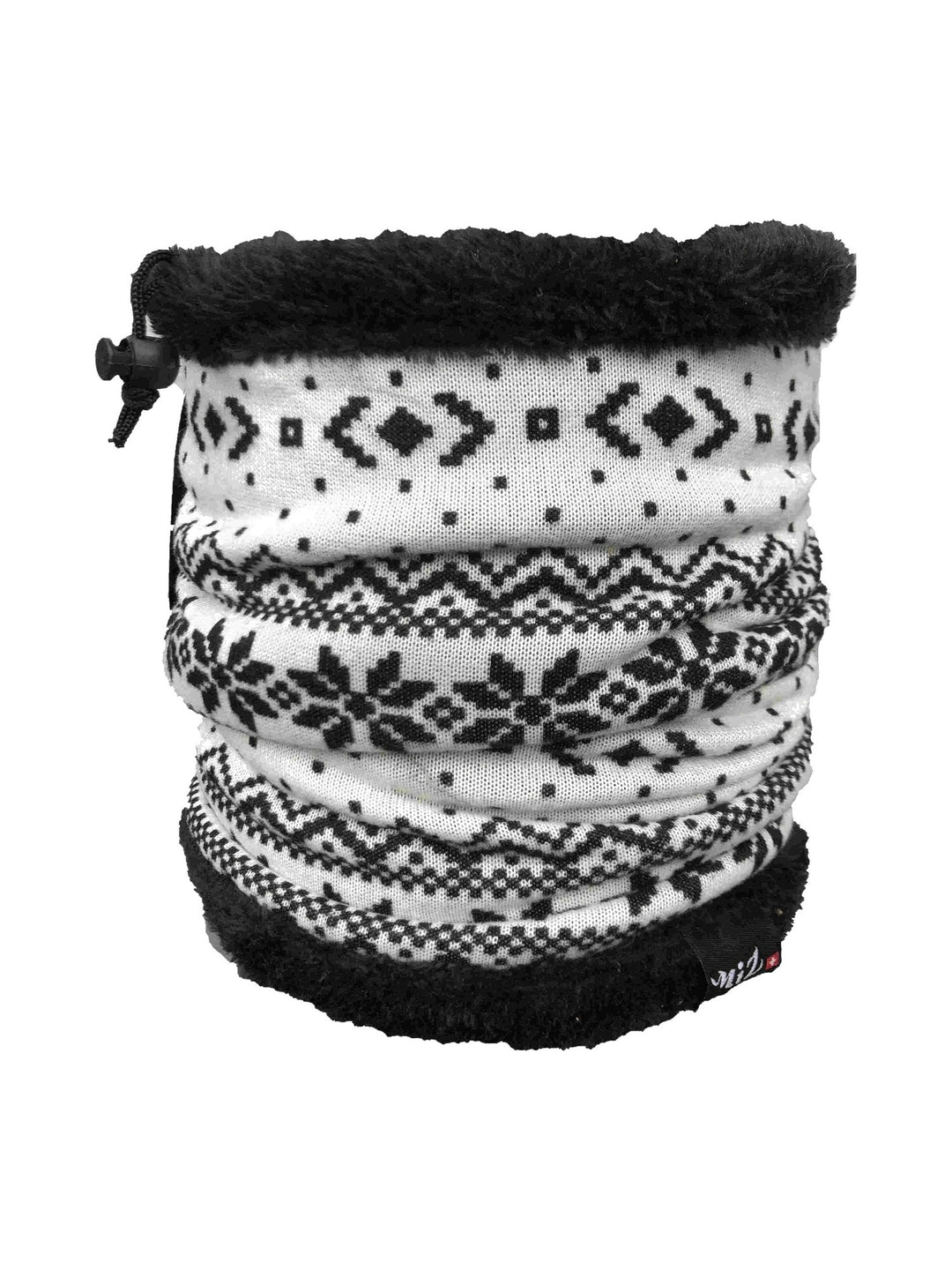 White neck warmer with black snowflake and Nordic pattern, black faux-fur top edge and drawcord, front view on white