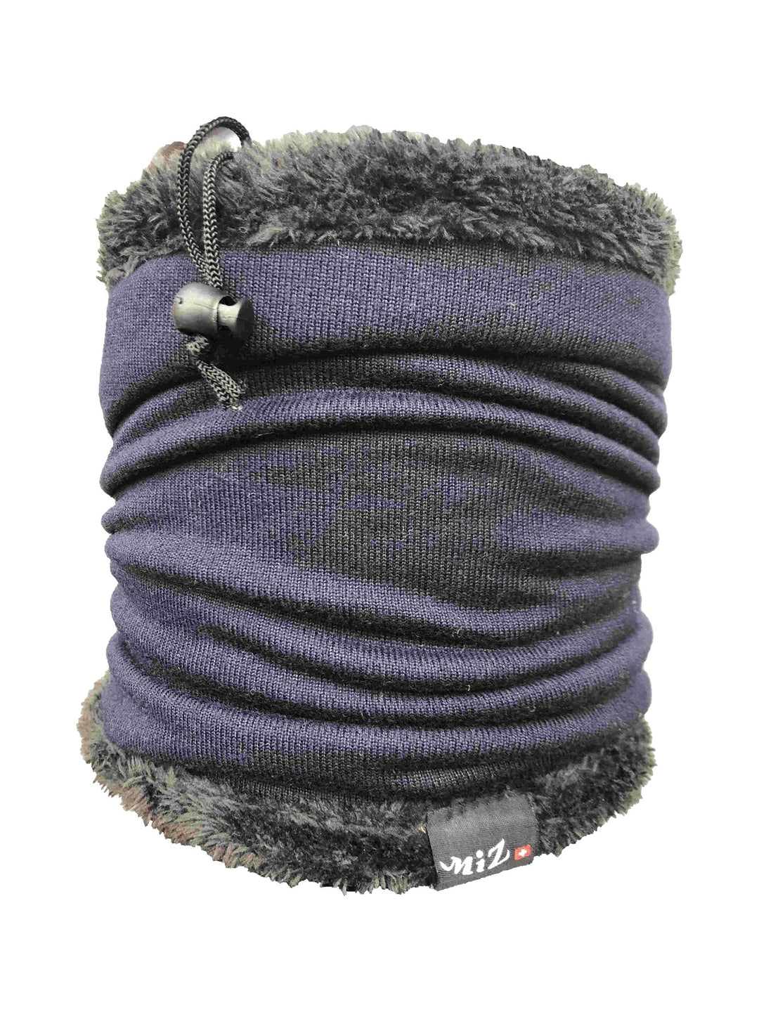 Plain blue-grey neck warmer with grey faux-fur top edge and drawcord, front view on white