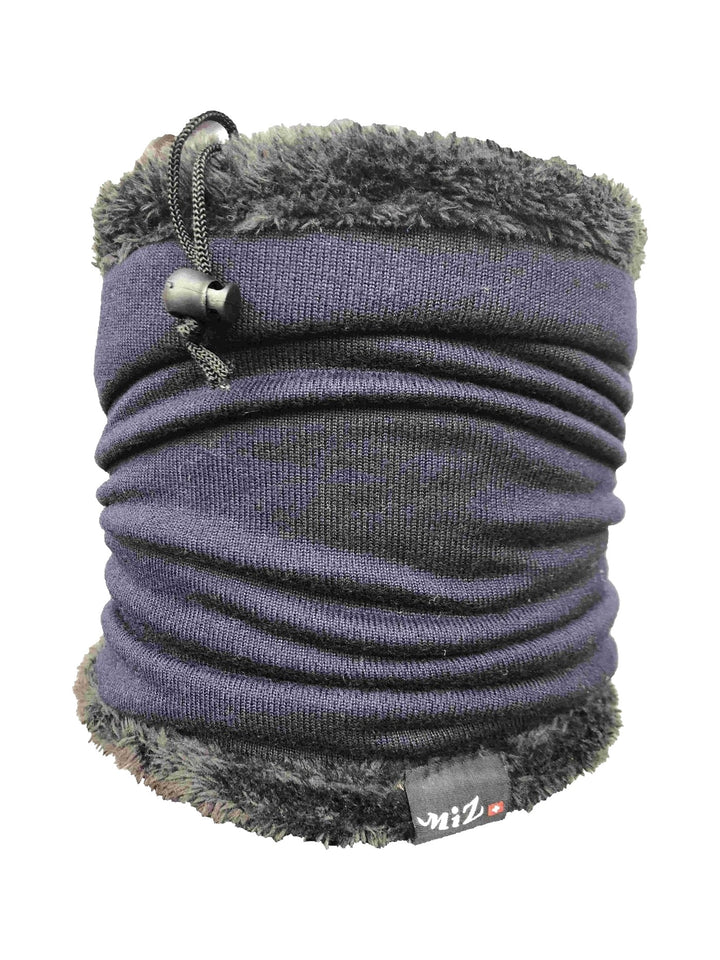 Plain blue-grey neck warmer with grey faux-fur top edge and drawcord, front view on white