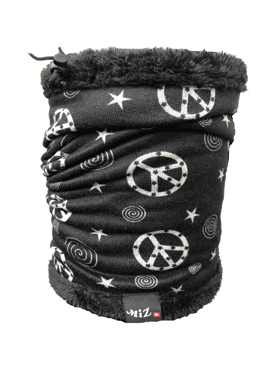 Charcoal neck warmer with white peace-sign, star and spiral print, black faux-fur top edge and drawcord, front view on white