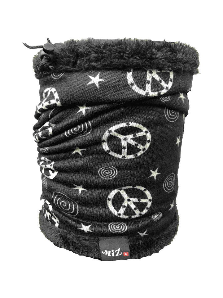 Charcoal neck warmer with white peace-sign, star and spiral print, black faux-fur top edge and drawcord, front view on white