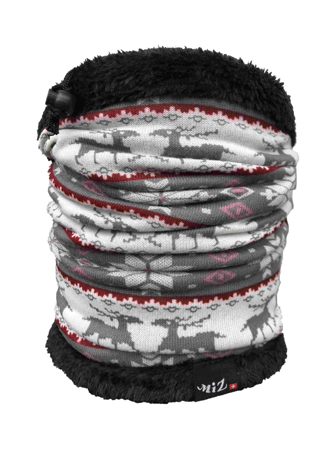 Light grey neck warmer with grey and white reindeer and snowflake print with red and pink accents, black faux-fur top edge and drawcord, front view on white