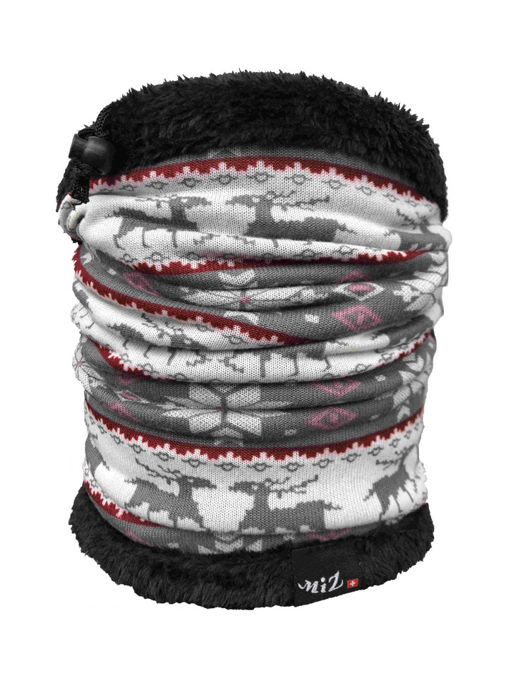Light grey neck warmer with grey and white reindeer and snowflake print with red and pink accents, black faux-fur top edge and drawcord, front view on white