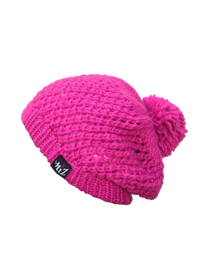 Openwork slouchy pompom beanie in pink