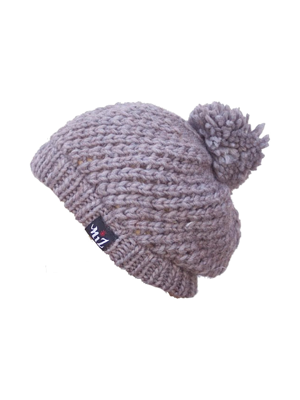 Lockere Pompon-Mütze mit Lochmuster in Beige