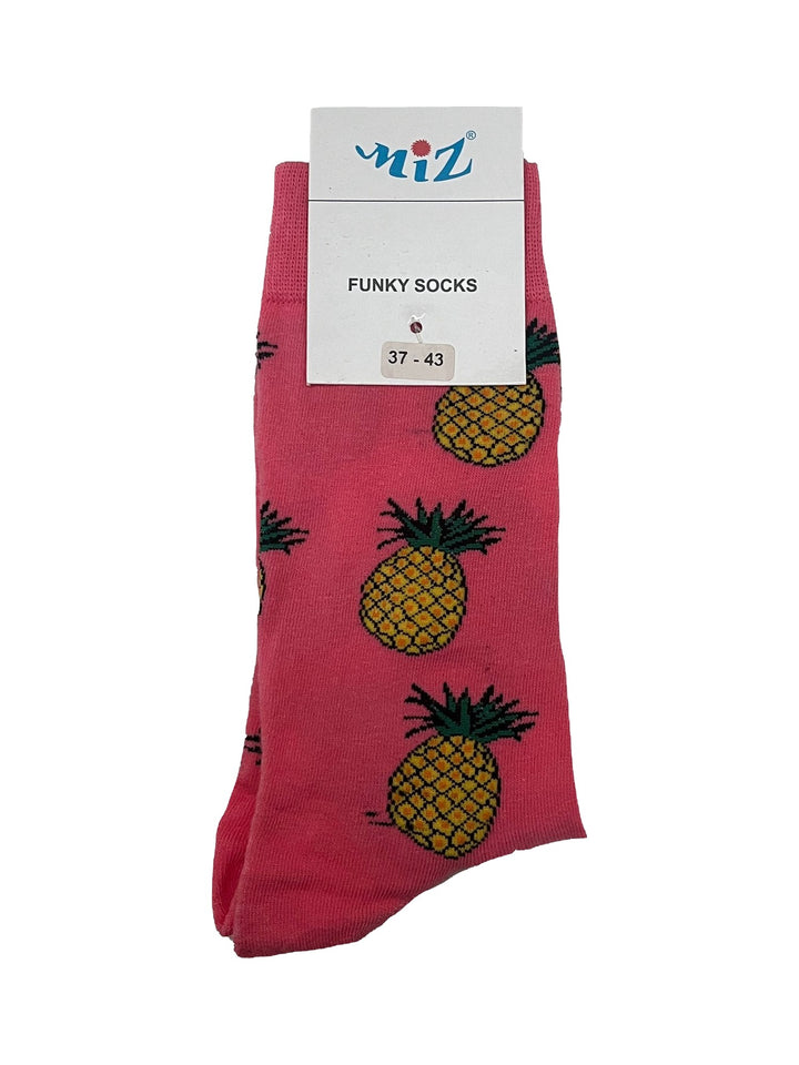 Colourful novelty socks, design: pineapples on pink