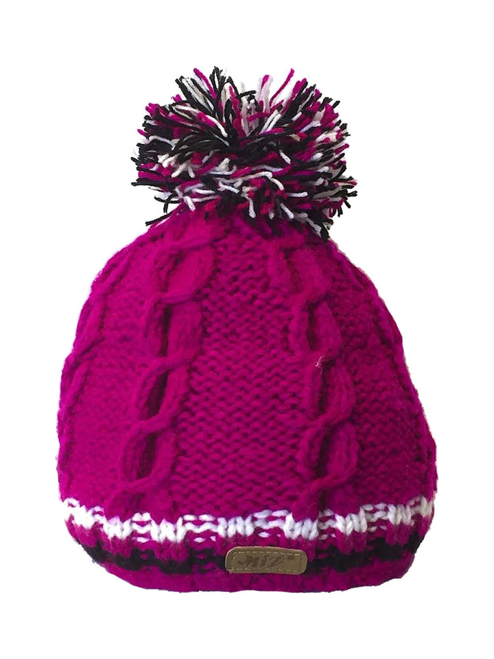 Zopfstrick-Bommelmütze mit Musterbund in Fuchsia