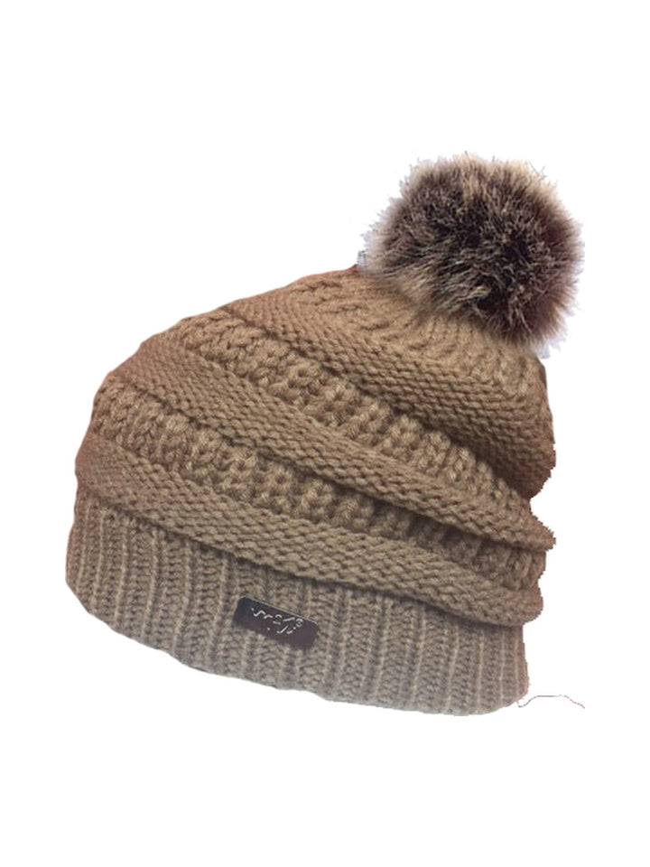 Women's slouchy pompom beanie in camel